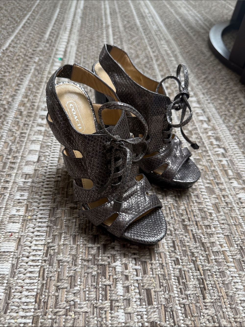 Coach Metallic Gunmetal Lace-Up Cutout Heeled Sandals